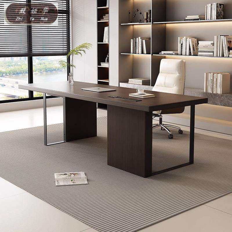 意式轻奢高级感办公桌书房写字台电脑桌现代简约家用烟熏木书桌