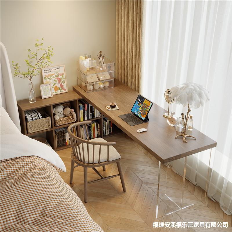 实木书桌亚克力悬浮台式电脑桌办公桌子工作台转角书柜储物柜一体
