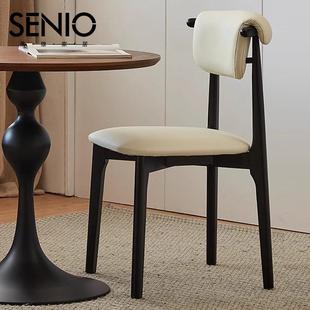 复古奶油风实木餐椅家用中古风餐厅椅子白蜡木靠背椅意式极简凳子