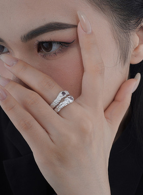 ears韩版小众中古S925纯银戒指女破损纹理ins开口马眼石食指环饰