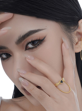 ears原创中古镶钻纹理链条戒指女韩版小众设计师S925纯银宝石手饰