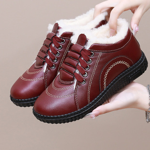 女加绒加厚绵羊毛妈妈鞋 雪地靴棉鞋 皮面防水老北京女棉靴 新款 冬季
