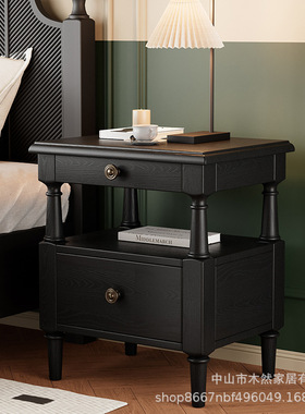 法式新款中古风床头柜白蜡木主卧室全实木床头收纳柜复古床边柜子