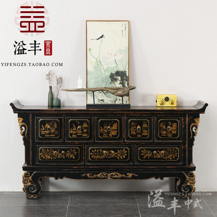 明清古典实木做旧玄关案台仿古中式描金彩绘条案翘头供桌端景台