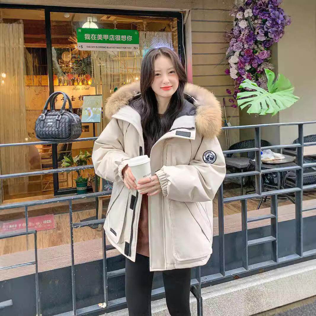 男女情侣工装外套2025冬新款毛领派克羽绒服女短款宽松韩版小个子