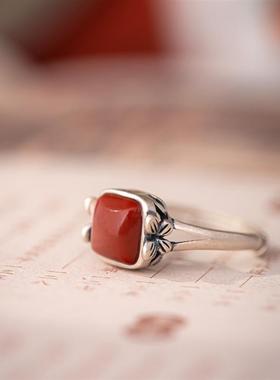 南红玛瑙戒指女s925纯银复古中国风小巧气质红色文艺简约方形指环
