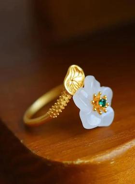 S925银镀金和田白玉石梅花指环超仙女金宫廷复古风质个性开口戒指