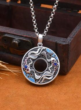 s925纯银民族风复古双鱼花丝镂空国潮挂坠项链珐琅转运吊坠项饰品