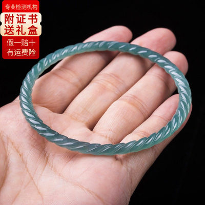 特色a级别真玉高端天然翡翠手镯极细条圆条蓝水麻花冰种镯子满绿