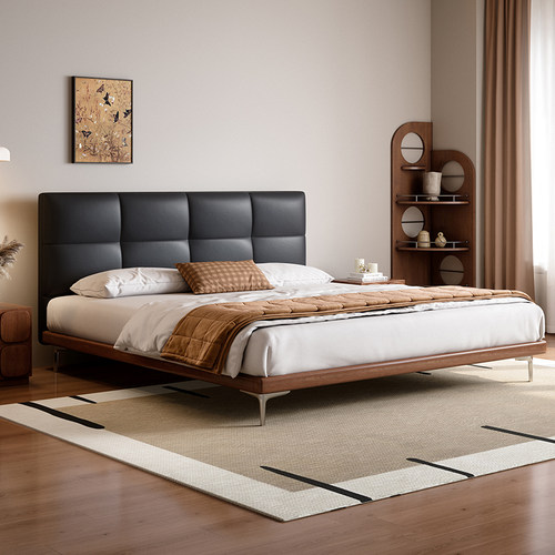 真皮黑巧床白蜡木框架主次卧通用