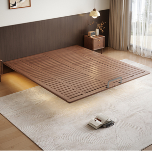 中古风无床头实木床胡桃木悬浮床简约齐边小户型双人床1米8主卧床