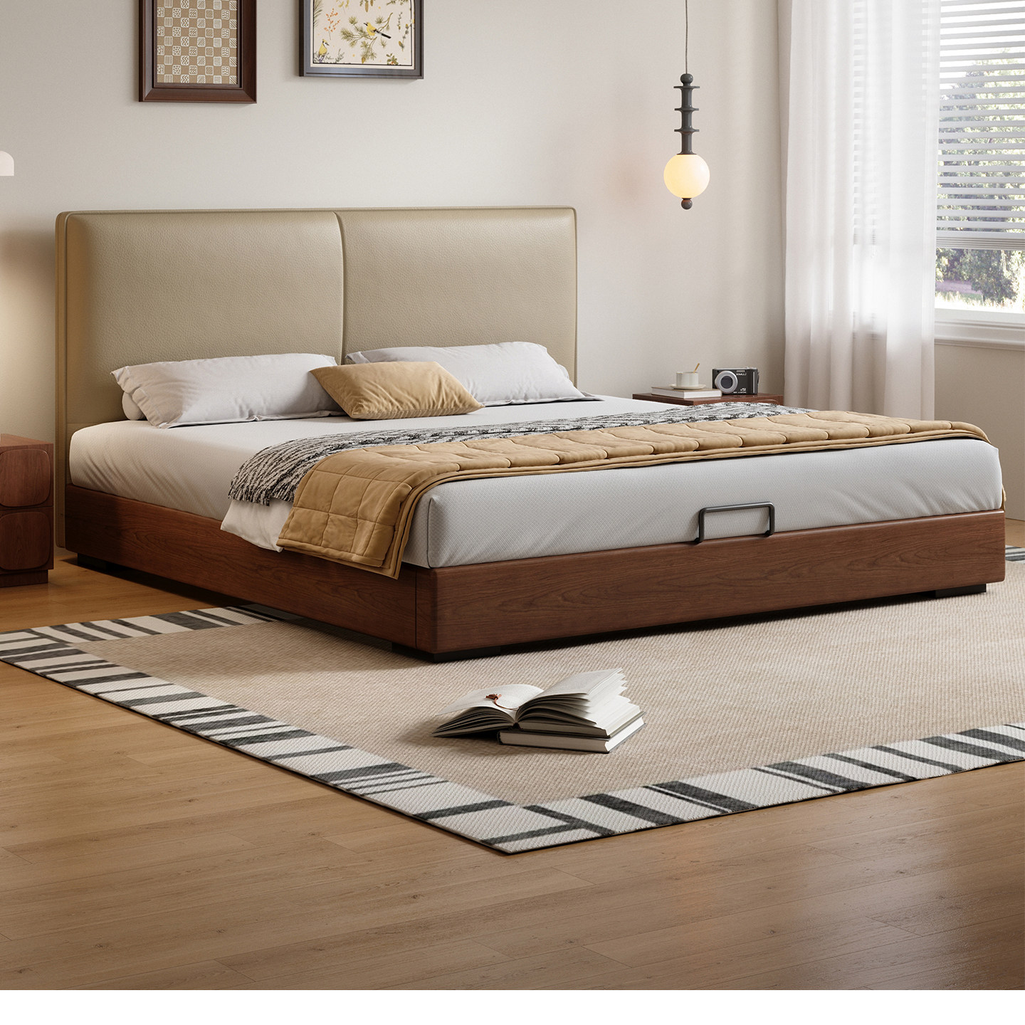 薄床头小户型真皮床中古风白蜡木储物实木床主卧1米8豆腐块双人床