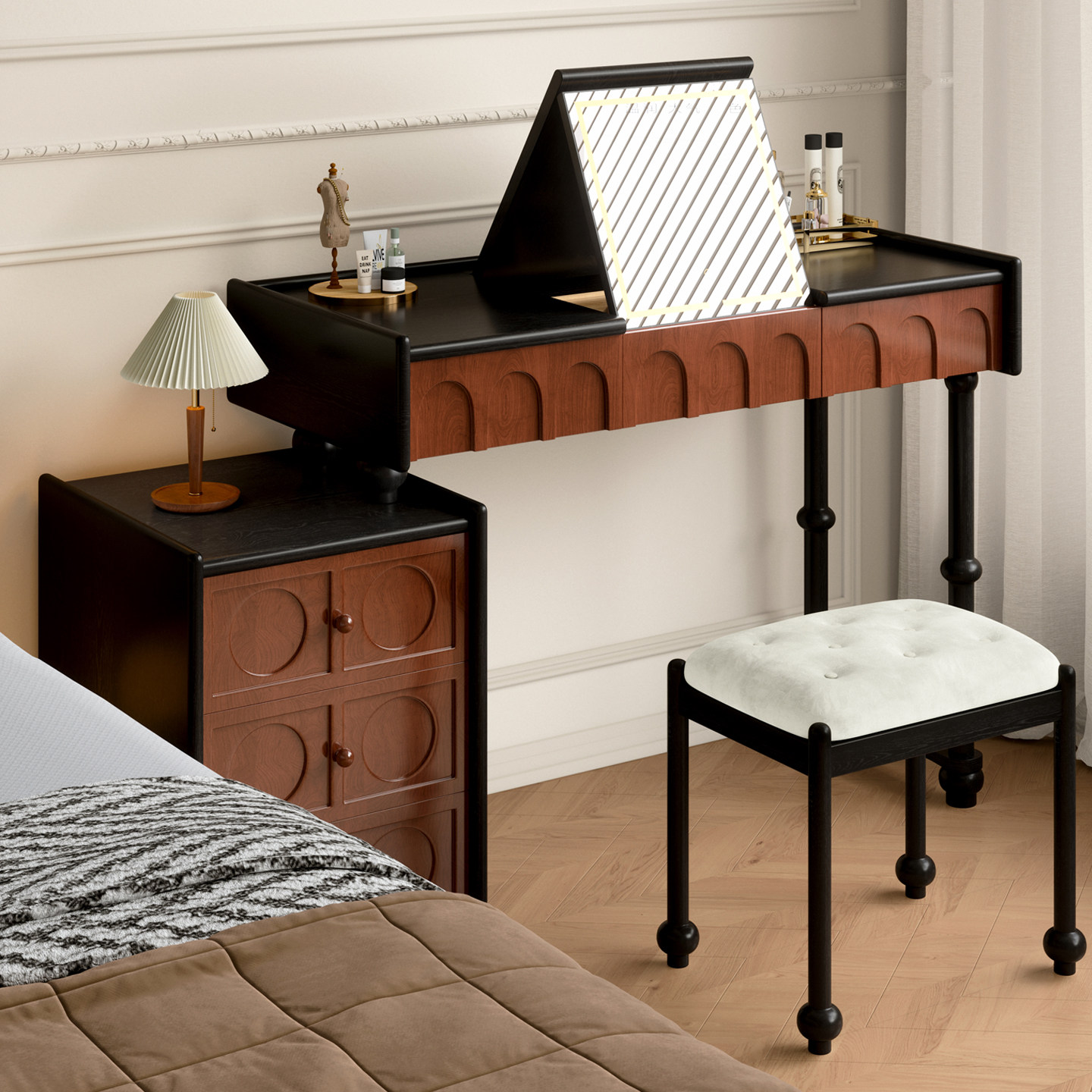 慕颜翻盖梳妆台斗柜法式复古实木化妆桌化妆凳主卧收纳白蜡木书桌