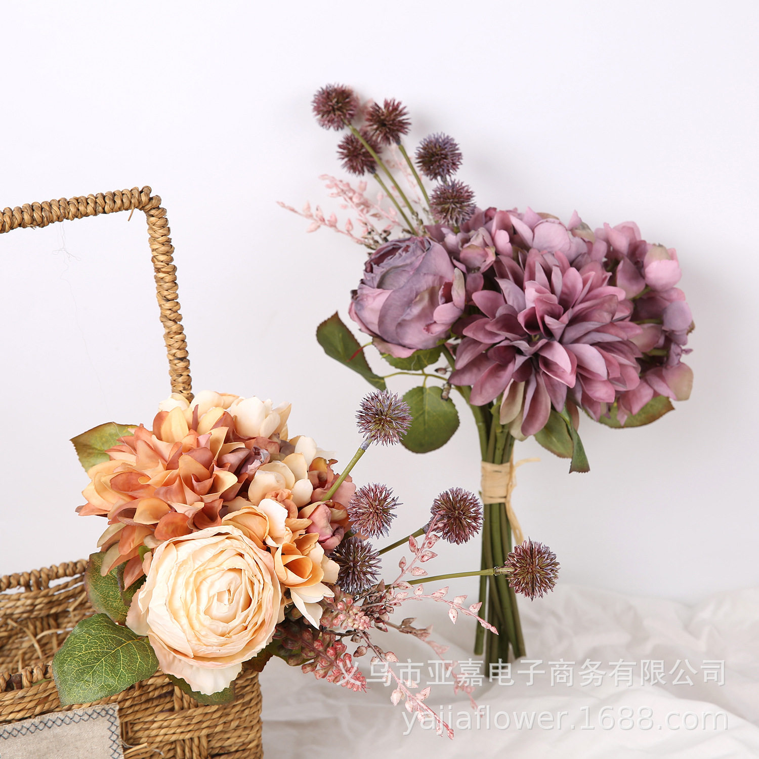 高档仿真手札花束 玫瑰大丽菊花朵 婚礼手捧花家居装饰做旧复古风