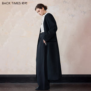 BACK TIMES初时女士羊毛大衣无领宽肩沙漏腰一字袋双开门显瘦外套