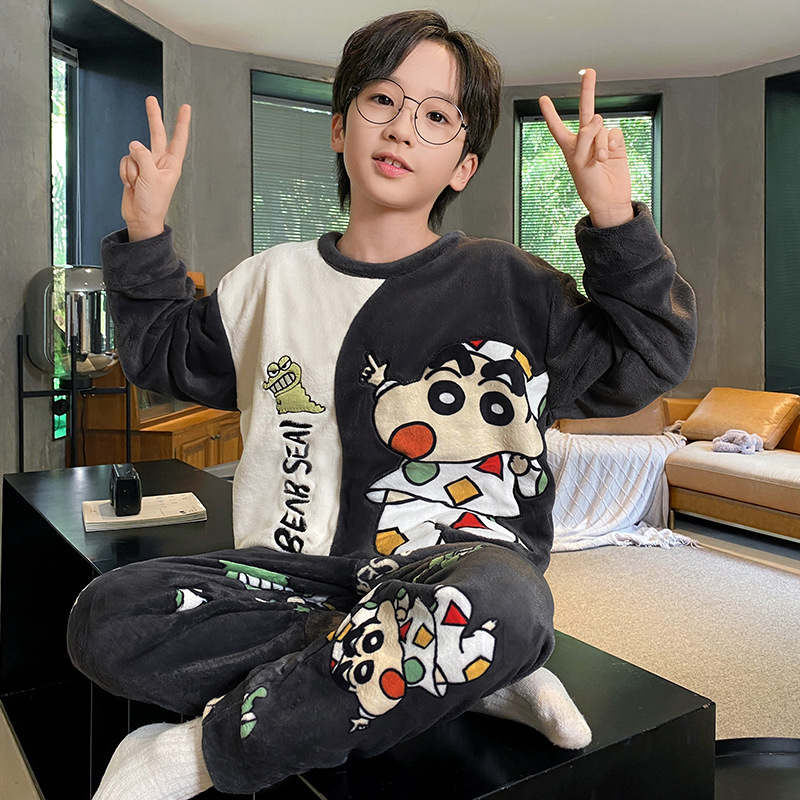 芬腾儿童睡衣珊瑚绒冬季卡通可爱男童中大童秋冬男孩法兰绒家居服