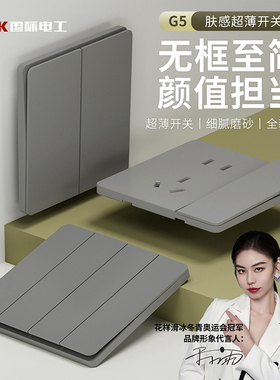 国际电工86型灰色开关面板家用墙壁暗装一开五孔插座带USB多孔5孔