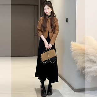 MONLOUVE秋冬小个子复古气质美式辣妹气质短款咖色皮衣外套显瘦半