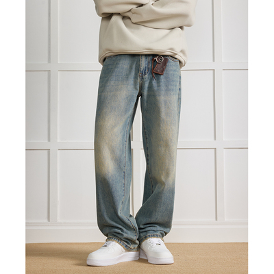 美式复古水洗做旧黄泥染牛仔裤潮