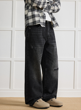 WAJ美式复古磨破雪花炒水洗做旧黑色牛仔裤男vintage咔叽痞帅长裤