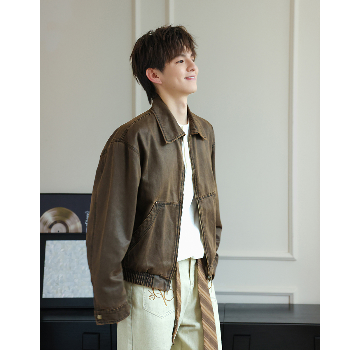 巴安油蜡皮vintage水洗工装夹克