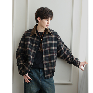 WAJ美式复古绒面羊毛混纺格纹翻领夹克男生重磅老钱风千鸟格外套