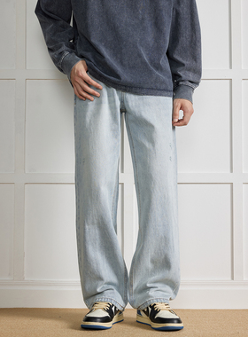 WAJ日系简约磨破水洗浅色牛仔裤男cleanfit420g重磅潮牌直筒长裤