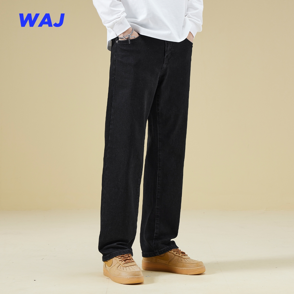 秋冬季加绒加厚美式复古弹力牛仔裤男高街潮牌宽松直筒休闲阔腿裤