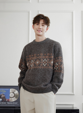 WAJ25秋冬费尔岛复古花纹针织毛衣男圆领慵懒套头保暖休闲打底衫