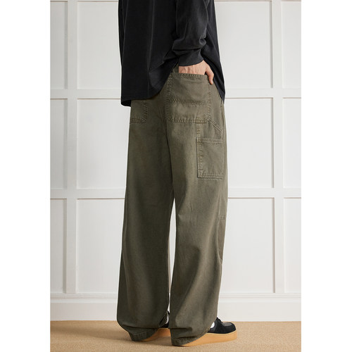 美式复古渐变水洗做旧伐木工装裤