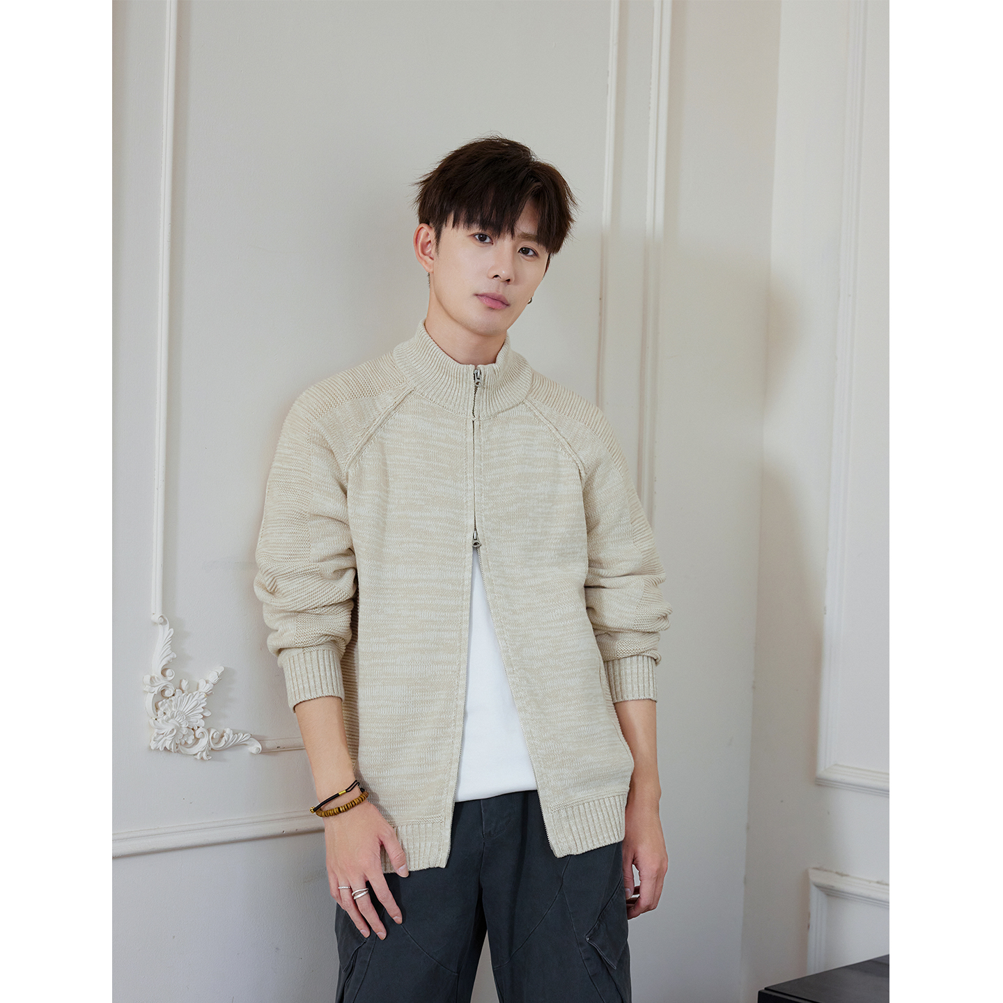 600g重磅炒花双拉链针织开衫毛衣