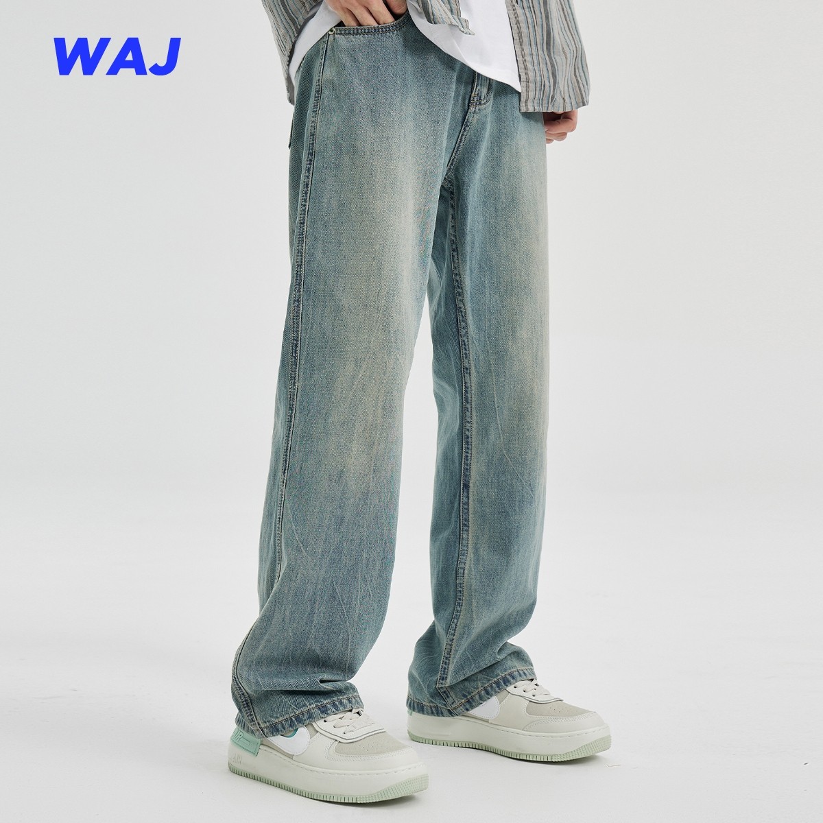 春秋季薄款美式复古水洗扎花微喇宽松直筒牛仔裤男潮牌阔腿休闲裤