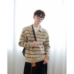 WAJ25秋冬美式 条纹复古POLO领百搭针织毛衣男羊毛混纺潮流打底衫