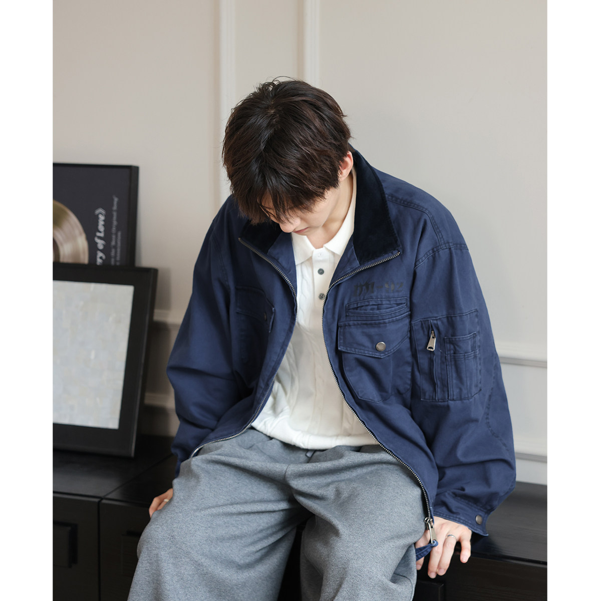 WAJ380g珠帆靛蓝法工复古工装夹克男士美式水洗短宽撞色翻领外套,男装,夹克,淘宝优惠券,粉丝福利购,淘宝优惠卷