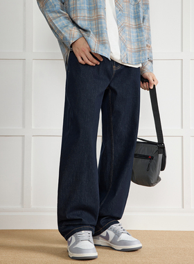 WAJ秋季深蓝直筒原色牛仔裤男cleanfit美式潮流宽松挺括休闲裤子