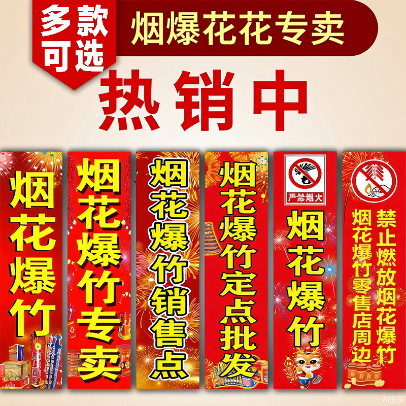 烟花爆竹鞭炮专卖店海报画墙面自粘背胶标识烟花爆竹销售点烟花爆竹定点批发禁止燃放烟花爆竹