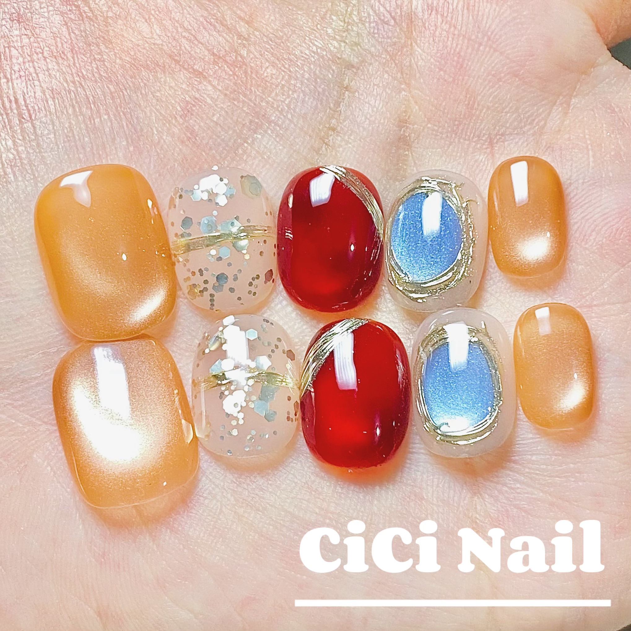 彩色宝石可爱穿戴甲清新猫眼甜酷个性红色纯欲显白清透美甲短甲