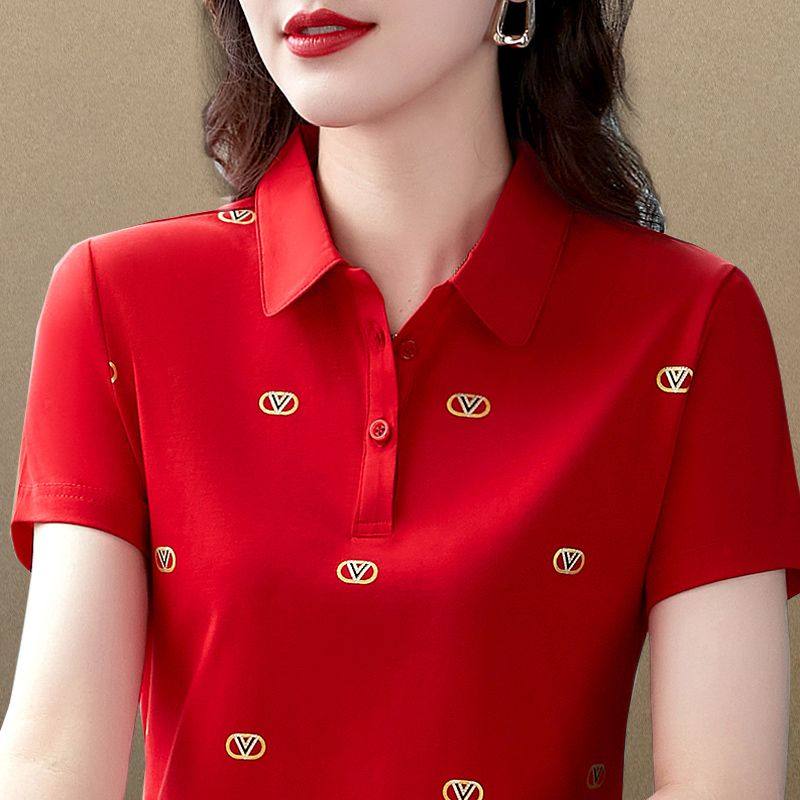 纯棉妈妈洋气减龄小众设计印花短袖夏季潮流时尚翻领穿搭显瘦T恤