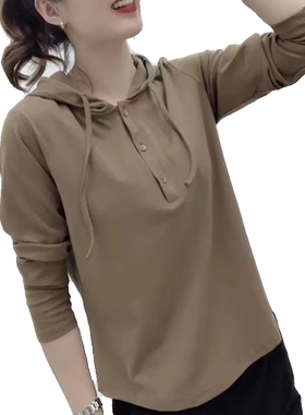 春季中年妈妈大码纯色连帽打底衫