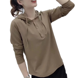 新款春季纯色卫衣女长袖连帽打底衫中年妈妈休闲宽松上衣大码T恤