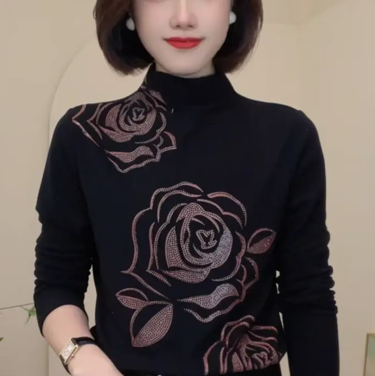 时尚玫瑰烫钻半高领德绒长袖上衣