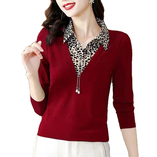 新款洋气T恤 女士假两件上衣长袖妈妈春秋装高档体恤衫大码打底衫