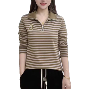 牛奶丝条纹长袖t恤女士2023春秋新款中年大码妈妈polo衫打底上衣