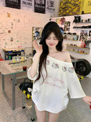 白色斜肩烫钻kitty猫头短袖T恤女
