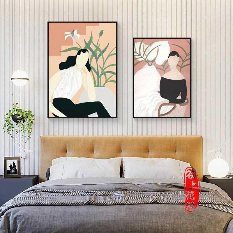 客厅装饰画北欧风小众插画时尚抽象美女人物现代简约轻奢卧室挂画图片