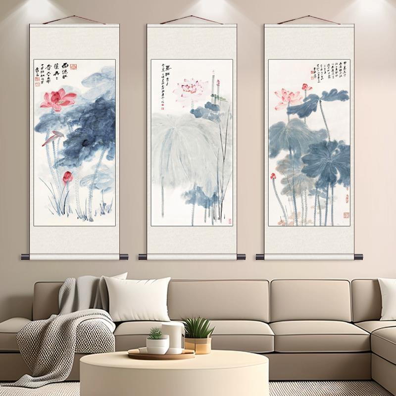 .水墨花鸟画荷花卷轴画国画客厅装饰画清雅茶楼壁画书房字画定制图片