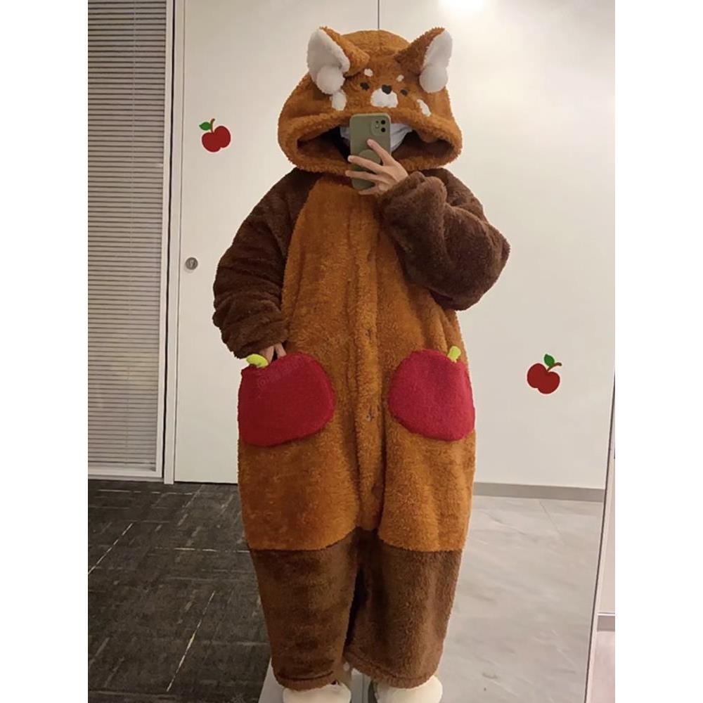 可爱小浣熊猫毛绒睡袍女秋冬季珊瑚绒睡衣加厚绒连体衣家居服套装