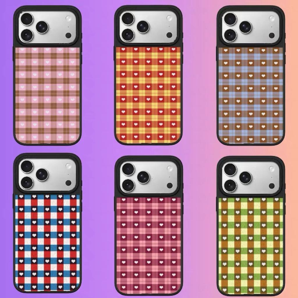 秋冬复古格纹爱心黑边镜面手机壳