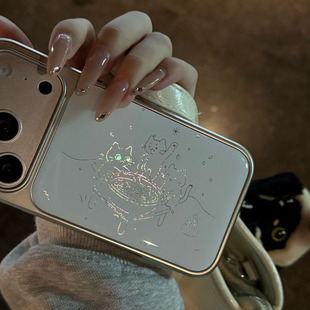 鎏金线条小猫手机壳适用苹果17/16pro镭射15/14plus小众12/13新款小米17promax韩系红米K90个性findX9电镀壳