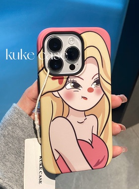 卡通可爱生气金发女孩二合一手机壳适用于iPhone15puls肤感磨砂苹果12/13min卡通15promax闺蜜搞怪防摔保护套